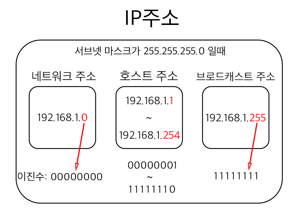 IP 주소, 네트워크 주소, 브로드캐스트 주소, 호스트 주소